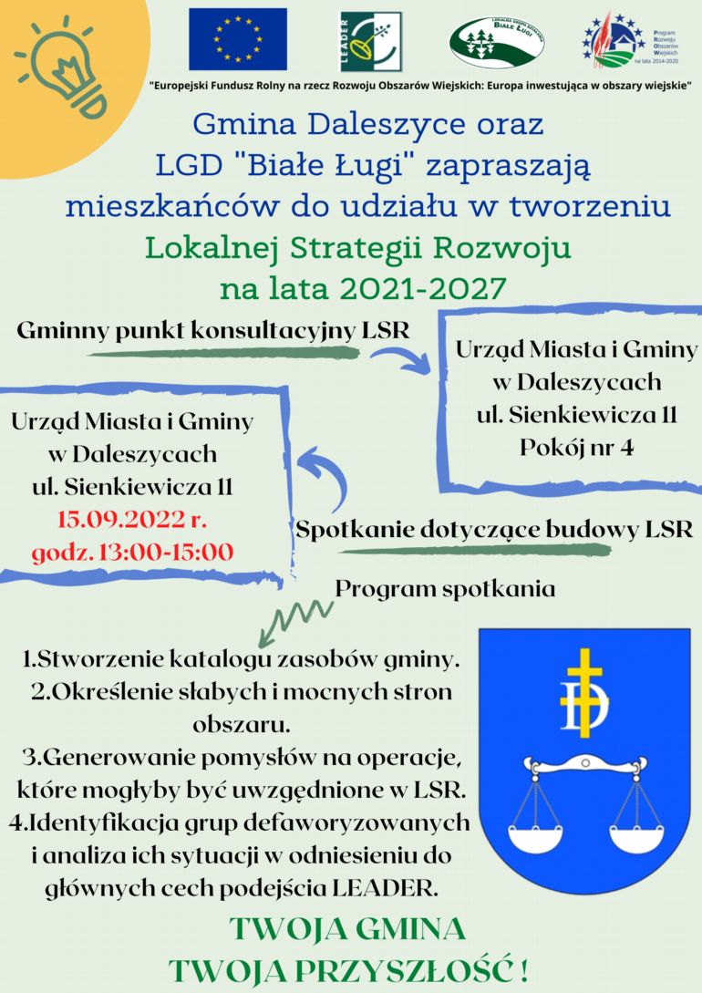 Gmina Daleszyce oraz LGD &quot;Białe Ługi&quot; zapraszają miszkańców do udziału w tworzeniu Lokalnej Strategii Rozwoju na lata 2021-2027