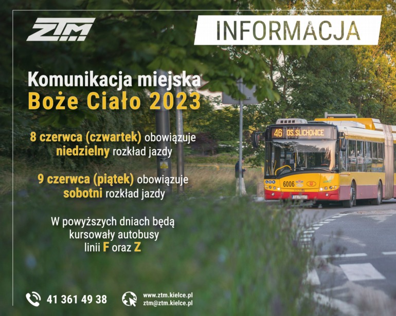 Komunikat ZTM Kielce - komunikacja Boże Ciało 2023