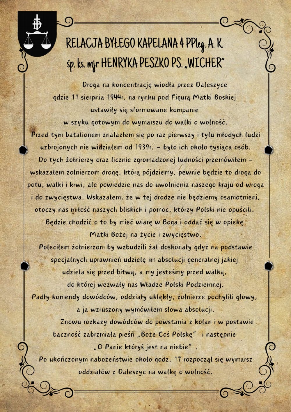 RELACJA BYŁEGO KAPELANA 4 PPleg. A. K. śp. ks. mjr HENRYKA PESZKO PS. WICHER