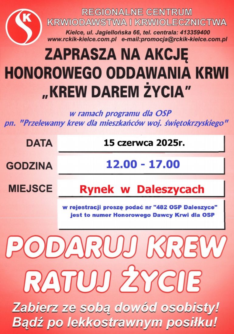 Zapraszamy na akcję honorowego oddawania krwi &quot;Krew Darem Życia&quot;